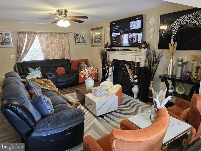 476 W Harvest Ln, Middletown, DE 19709 - living area featuring a premium fireplace, ceiling fan, and wood finished floors