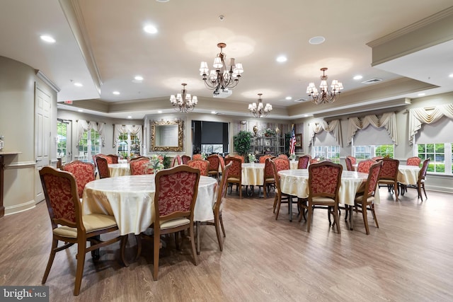 6000 Village Way Unit 308, Upper Chichester, PA 19061 - dining room with a raised ceiling, crown molding, a chandelier, wood finished floors, and recessed lighting