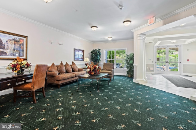 6000 Village Way Unit 308, Upper Chichester, PA 19061 - tiled living room with decorative columns, carpet floors, ornamental molding, a wainscoted wall, and french doors