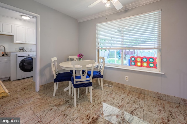1981 Greentree Rd, Cherry Hill, NJ 08003 - dining room with washer / clothes dryer, ceiling fan, and ornamental molding