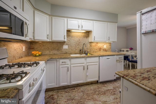 1981 Greentree Rd, Cherry Hill, NJ 08003 - kitchen featuring white appliances, decorative backsplash, white cabinets, and light stone countertops