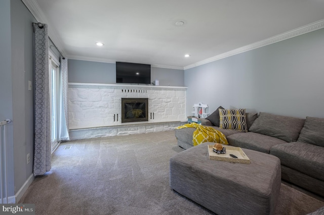 1981 Greentree Rd, Cherry Hill, NJ 08003 - living room with ornamental molding, a stone fireplace, carpet floors, and recessed lighting