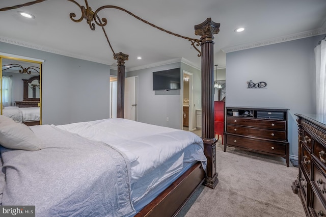 1981 Greentree Rd, Cherry Hill, NJ 08003 - carpeted bedroom featuring crown molding, recessed lighting, decorative columns, and ensuite bathroom