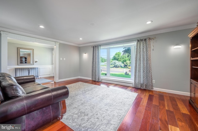 1981 Greentree Rd, Cherry Hill, NJ 08003 - living area with crown molding, wood-type flooring, radiator, and recessed lighting