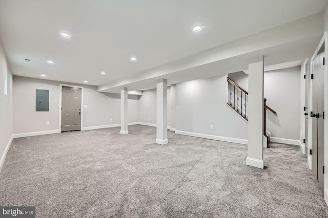 3704 Frankford Ave, Baltimore, MD 21206 - finished basement featuring electric panel, carpet flooring, recessed lighting, and stairs