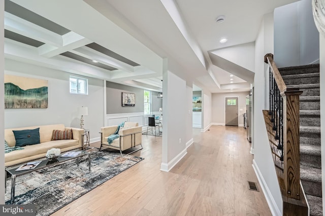3704 Frankford Ave, Baltimore, MD 21206 - living area with light wood-style floors, recessed lighting, stairs, and beamed ceiling