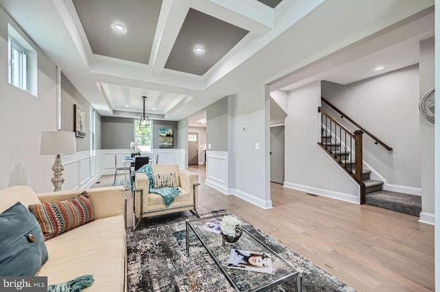 3704 Frankford Ave, Baltimore, MD 21206 - living room featuring stairs, wood finished floors, recessed lighting, coffered ceiling, and beamed ceiling