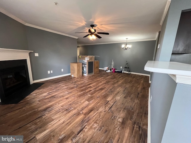 11002 Koman Cir Unit 202, Manassas, VA 20109 - unfurnished living room with a ceiling fan, dark wood-style flooring, ornamental molding, and a fireplace