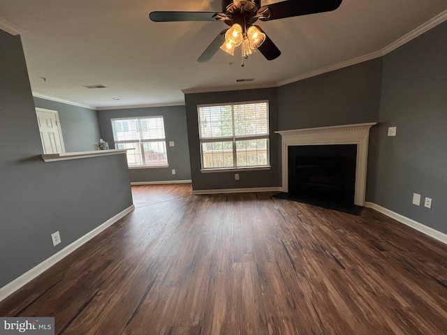 11002 Koman Cir Unit 202, Manassas, VA 20109 - unfurnished living room with ornamental molding, dark wood-type flooring, a fireplace with flush hearth, and ceiling fan