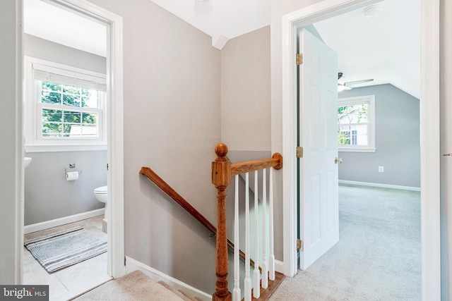 6910 Quander Rd, Alexandria, VA 22307 - staircase with vaulted ceiling and carpet floors