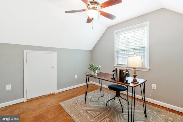6910 Quander Rd, Alexandria, VA 22307 - home office with lofted ceiling, wood finished floors, and a ceiling fan