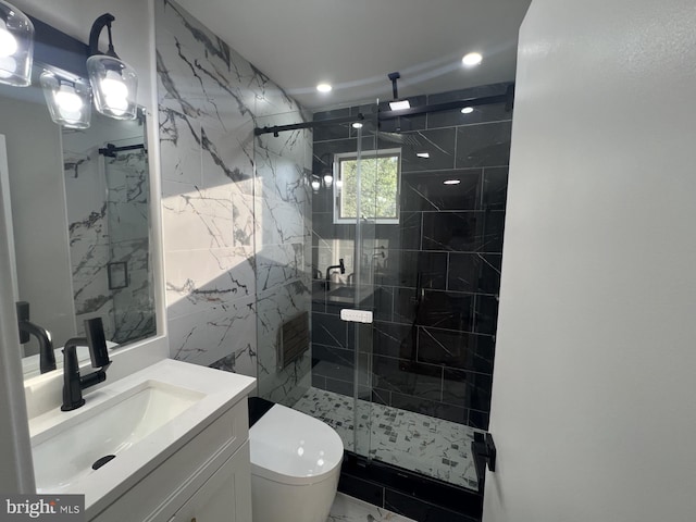 63 Baker Blvd, Marlton, NJ 08053 - full bath featuring vanity, a marble finish shower, recessed lighting, and marble finish floors