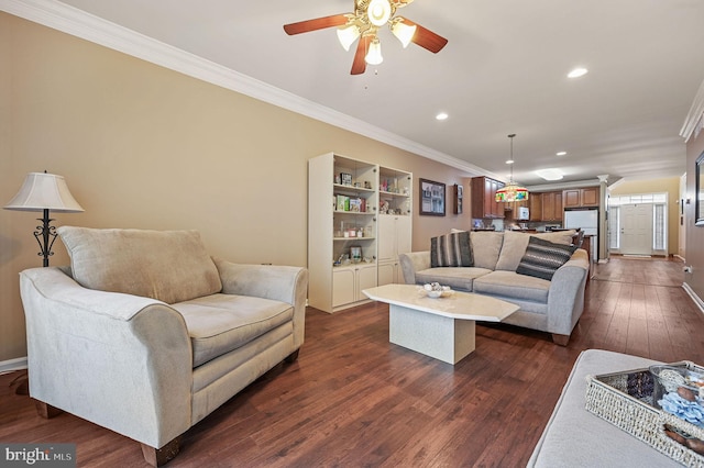 45 Harcrest Ct, Dover, DE 19901 - living area with crown molding, a ceiling fan, dark wood-type flooring, and recessed lighting