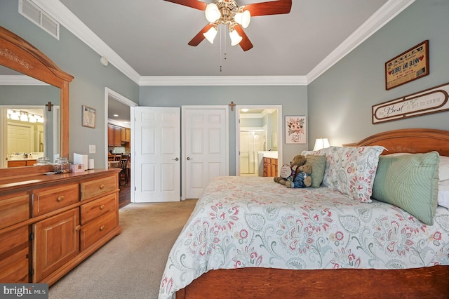 45 Harcrest Ct, Dover, DE 19901 - bedroom with light colored carpet, crown molding, connected bathroom, a ceiling fan, and a closet