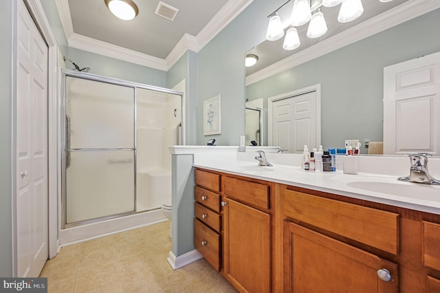 45 Harcrest Ct, Dover, DE 19901 - bathroom featuring crown molding, a stall shower, double vanity, and tile patterned floors