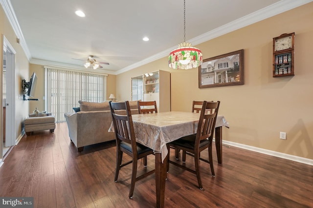 45 Harcrest Ct, Dover, DE 19901 - dining area featuring dark wood-style floors, crown molding, a ceiling fan, and recessed lighting