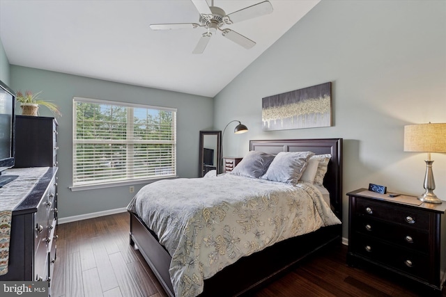 2405 Carriage Ln, Royersford, PA 19468 - bedroom featuring dark wood finished floors, high vaulted ceiling, and ceiling fan