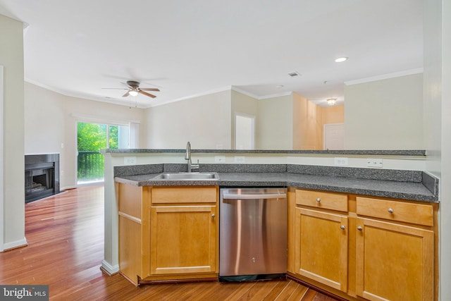13329 Connor Dr Unit G, Centreville, VA 20120 - kitchen featuring dishwasher, wood finished floors, a ceiling fan, ornamental molding, and dark countertops