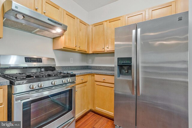 13329 Connor Dr Unit G, Centreville, VA 20120 - kitchen with stainless steel appliances, under cabinet range hood, light wood finished floors, light brown cabinets, and dark countertops