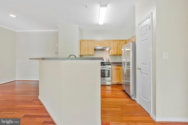 13329 Connor Dr Unit G, Centreville, VA 20120 - kitchen with under cabinet range hood, stainless steel appliances, light brown cabinets, crown molding, and light wood-style floors