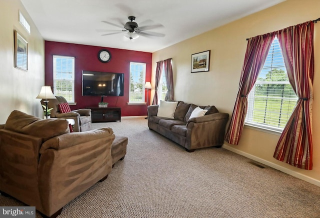 126 Fairbrook Dr, Gilbertsville, PA 19525 - carpeted living area with ceiling fan and healthy amount of natural light