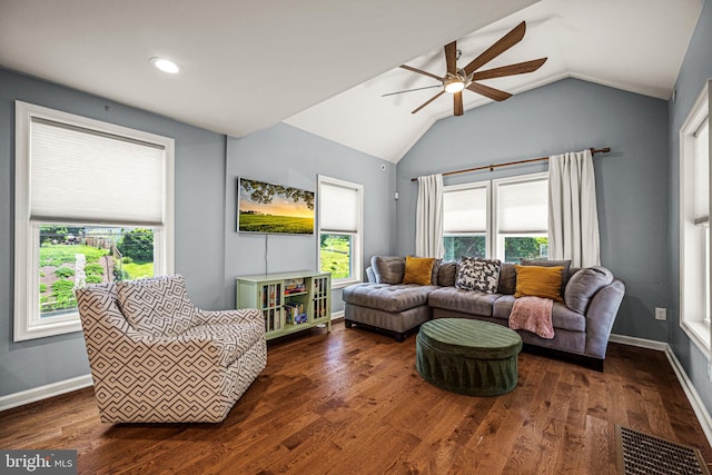 177 Bortondale Rd, Media, PA 19063 - living room with ceiling fan, vaulted ceiling, dark wood finished floors, and recessed lighting