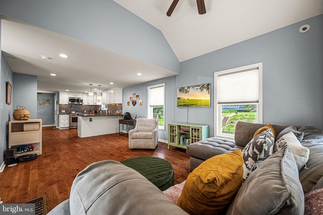 177 Bortondale Rd, Media, PA 19063 - living room with a ceiling fan, lofted ceiling, recessed lighting, and dark wood-type flooring