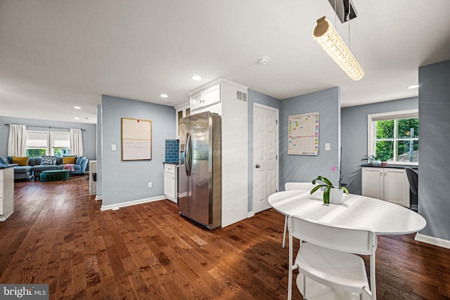177 Bortondale Rd, Media, PA 19063 - kitchen featuring stainless steel refrigerator with ice dispenser, white cabinets, dark wood finished floors, recessed lighting, and open floor plan