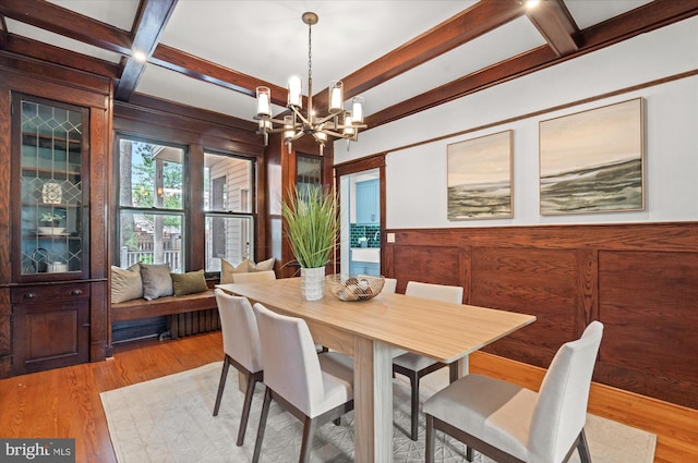 1425 Webster St NW, Washington, DC 20011 - dining area with beam ceiling, a chandelier, coffered ceiling, and light wood-style flooring