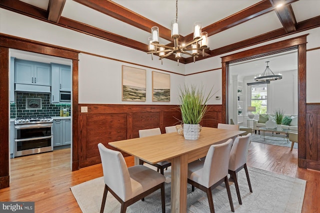 1425 Webster St NW, Washington, DC 20011 - dining area featuring a chandelier, coffered ceiling, beam ceiling, wainscoting, and light wood-type flooring