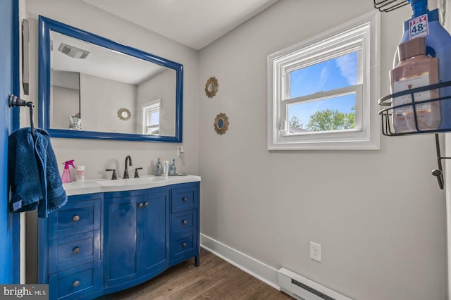 1039 Clinton Ave, Bensalem, PA 19020 - bathroom with plenty of natural light, wood finished floors, vanity, and a baseboard heating unit