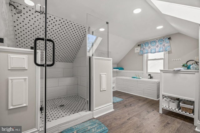 1039 Clinton Ave, Bensalem, PA 19020 - bathroom with lofted ceiling, a shower stall, wood finished floors, vanity, and recessed lighting