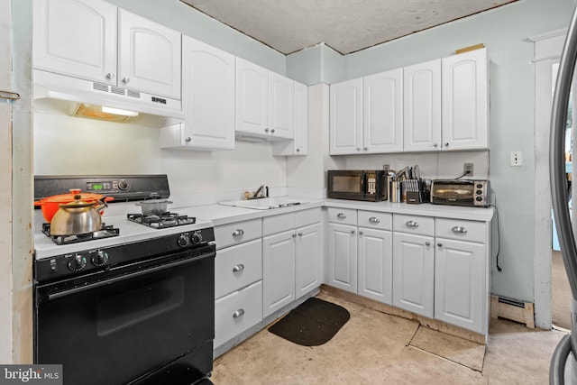 220 Homecrest Ave, Ewing, NJ 08638 - kitchen with range with gas stovetop, under cabinet range hood, black microwave, white cabinetry, and light countertops