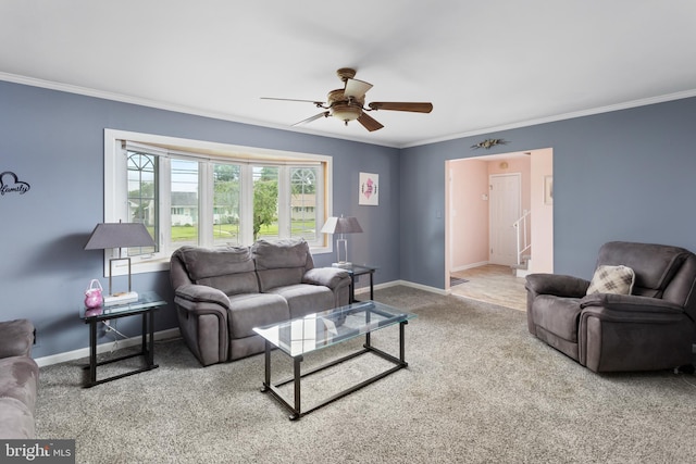 2028 S Olden Ave, Hamilton, NJ 08610 - carpeted living room featuring a ceiling fan and crown molding