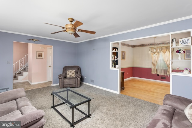 2028 S Olden Ave, Hamilton, NJ 08610 - living room with stairs, crown molding, a chandelier, a ceiling fan, and carpet flooring