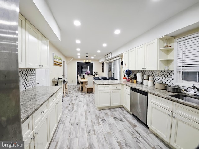 1 Helm Turn, Willingboro, NJ 08046 - kitchen featuring dishwasher, open shelves, white cabinetry, a peninsula, and backsplash