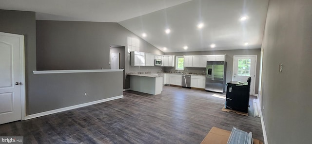 LOT664 Old Oak Ln, Front Royal, VA 22630 - kitchen with stainless steel appliances, lofted ceiling, white cabinetry, dark wood finished floors, and open floor plan