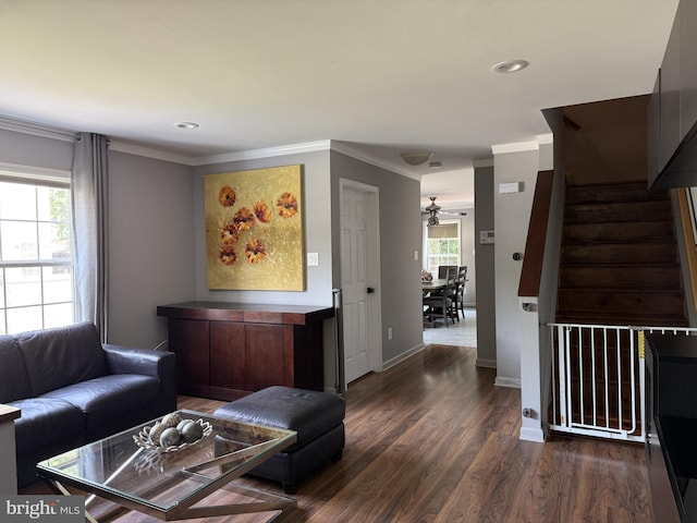 2737 Willits Rd, Philadelphia, PA 19114 - living area with stairs, dark wood-type flooring, crown molding, healthy amount of natural light, and a ceiling fan