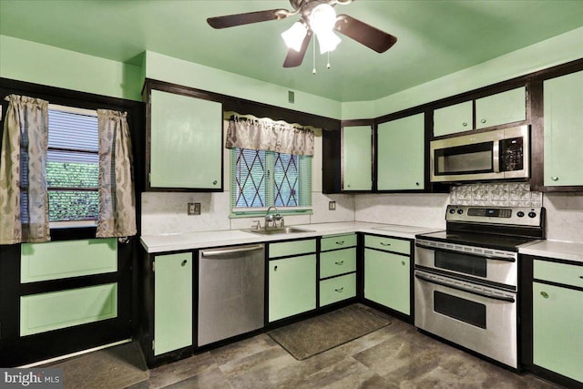 3225 Eisenbrown Rd, Reading, PA 19605 - kitchen featuring stainless steel appliances, plenty of natural light, light countertops, and ceiling fan