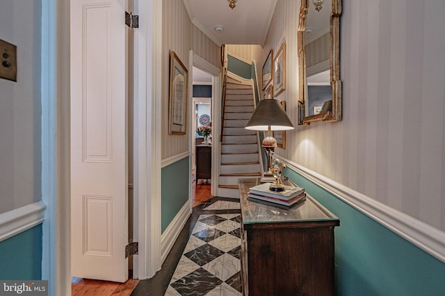 407 N 8th St, Allentown, PA 18102 - corridor featuring wallpapered walls, ornamental molding, and wood finished floors