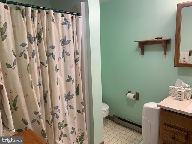 21055 Bayside Ave, Rock Hall, MD 21661 - bathroom with a baseboard heating unit, vanity, and a shower with shower curtain