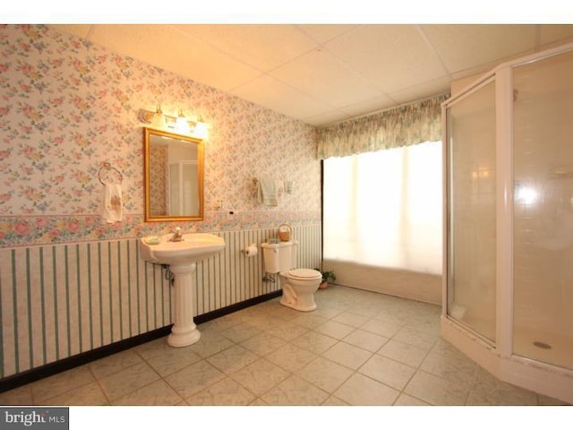 540 Hain Rd, Sinking Spring, PA 19608 - bathroom with a shower stall, radiator, wallpapered walls, tile patterned flooring, and a paneled ceiling