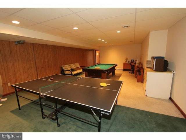 540 Hain Rd, Sinking Spring, PA 19608 - rec room featuring carpet, pool table, wooden walls, and recessed lighting