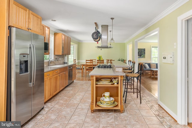 15 Tally Ho Dr, Fredericksburg, VA 22405 - kitchen with appliances with stainless steel finishes, exhaust hood, open shelves, crown molding, and a kitchen island