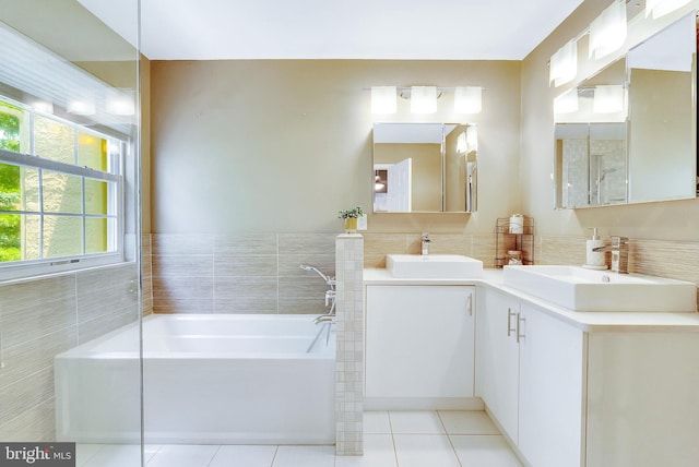 21 Viburnum Ct, Lafayette Hill, PA 19444 - full bath with tile patterned flooring, double vanity, a garden tub, and tile walls