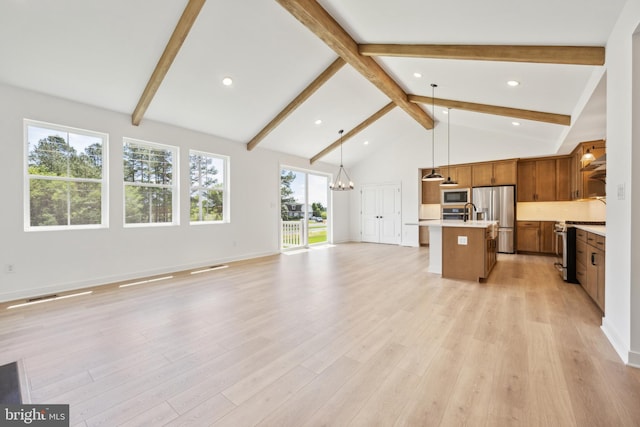 168 Tall Oak Dr, Felton, DE 19943 - unfurnished living room featuring beamed ceiling, light wood-type flooring, recessed lighting, a chandelier, and high vaulted ceiling