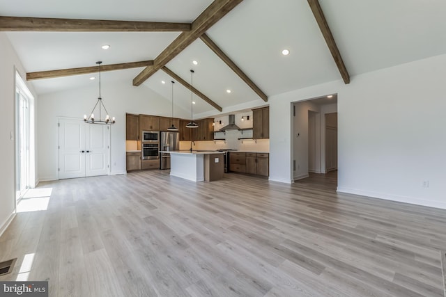168 Tall Oak Dr, Felton, DE 19943 - unfurnished living room featuring a chandelier, beam ceiling, recessed lighting, high vaulted ceiling, and light wood-type flooring