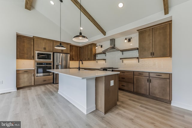 168 Tall Oak Dr, Felton, DE 19943 - kitchen with stainless steel appliances, wall chimney exhaust hood, beamed ceiling, tasteful backsplash, and open shelves