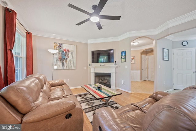 7 Booth St Unit 202, Gaithersburg, MD 20878 - living area featuring a ceiling fan, arched walkways, a fireplace, ornamental molding, and light wood finished floors