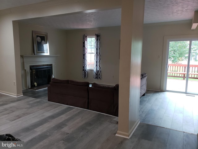 15021 Mcknew Rd, Burtonsville, MD 20866 - unfurnished living room featuring wood finished floors, plenty of natural light, a fireplace with raised hearth, and a textured ceiling